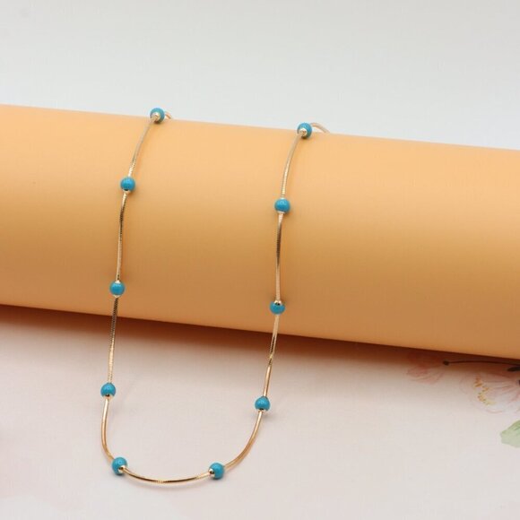 Rose Gold Chain Necklace with Blue Beads Elegant Style, XPNL0256 - Picture 1 of 12